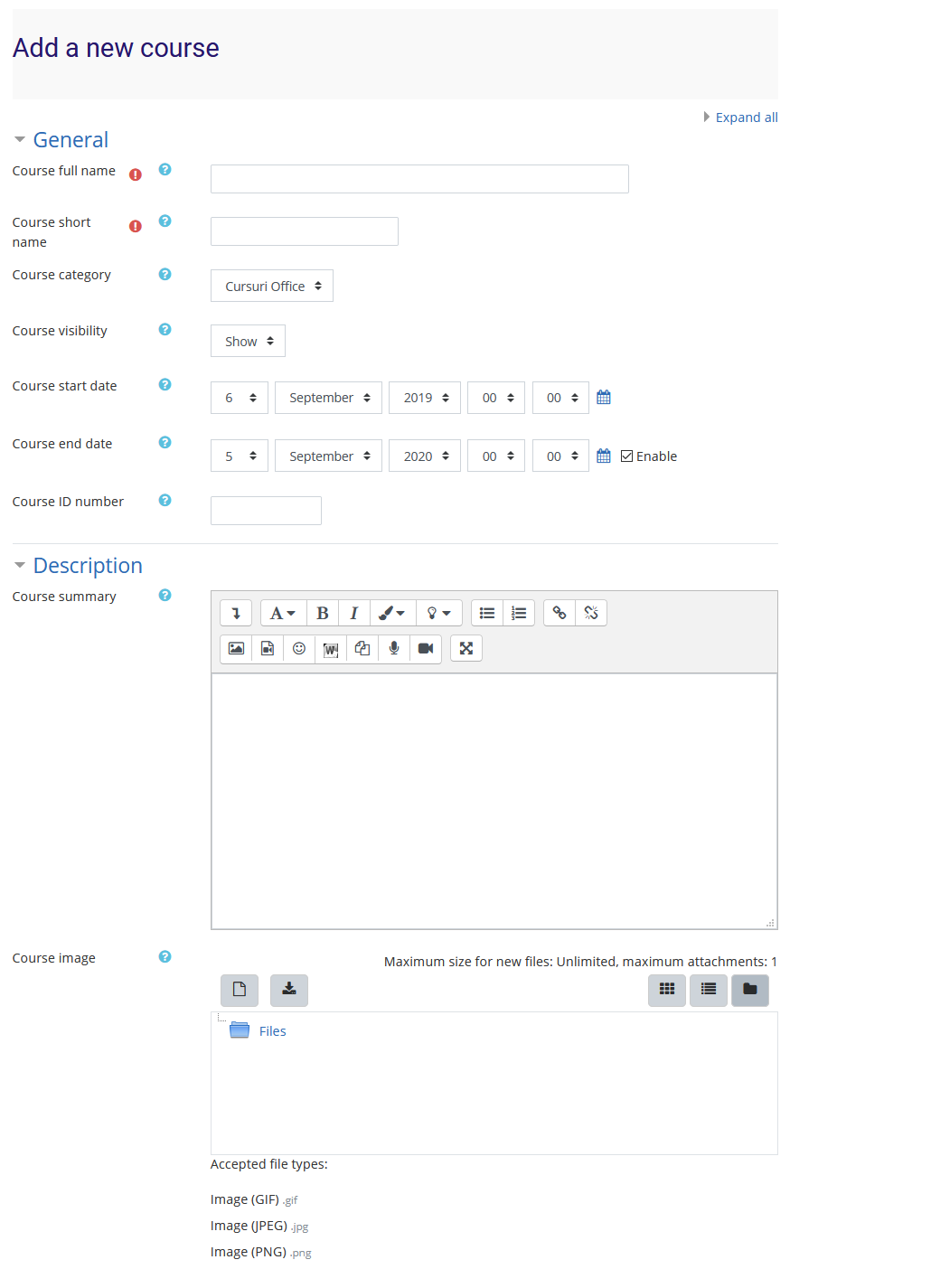adaugare curs, sectiunea general settings