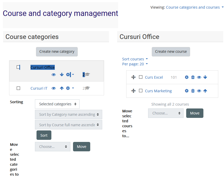 manageriere categorii si cursuri