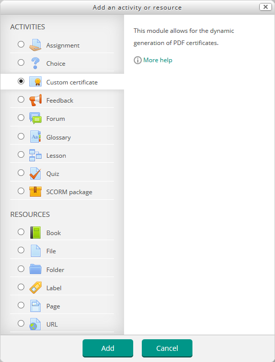modal add custom certificate